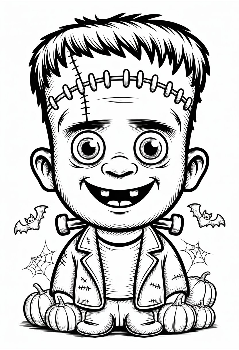 Halloween Coloring Pages Cute Collection of 20 Fun and Easy Designs 34 A smiling Frankenstein character with stitches on his face and neck bolts, surrounded by pumpkins, bats, and cobwebs.